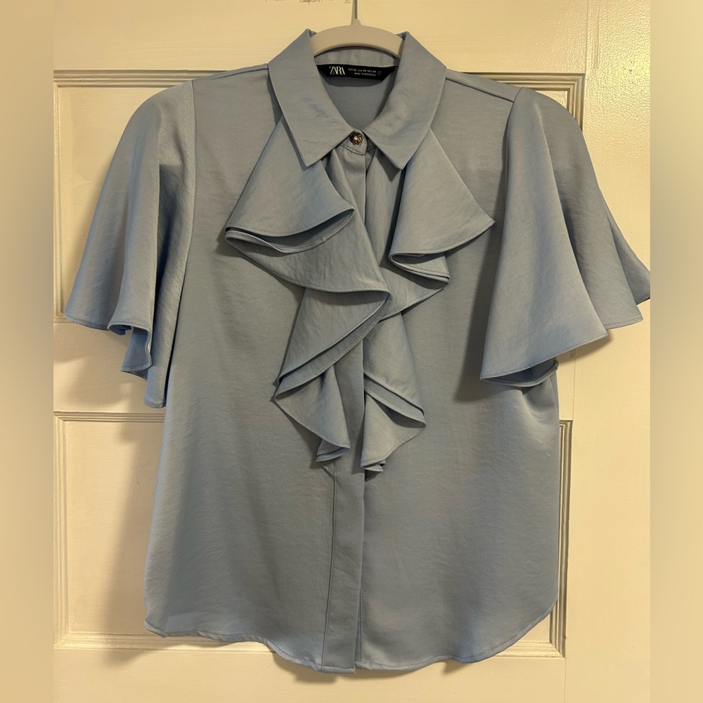 Zara Light Blue Ruffle Blouse